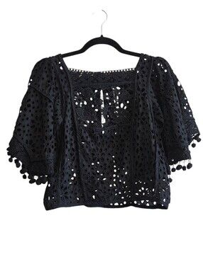 By Anthropologie Black Sheer Boat Neck Victorian Cutwork Eyelet Pom-Pom Top Sz S